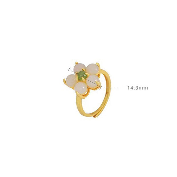 Buddha Stones 925 Sterling Silver Natural Hetian Jade Peach Blossom Flower Luck Adjustable Ring