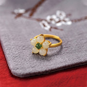 Buddha Stones 925 Sterling Silver Natural Hetian Jade Peach Blossom Flower Luck Adjustable Ring