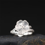 Buddha Stones 925 Sterling Silver White Crystal Skeleton Flower Adjustable Healing Ring