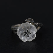 Buddha Stones 925 Sterling Silver White Crystal Skeleton Flower Adjustable Healing Ring