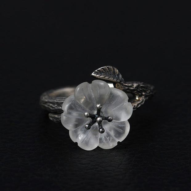 Buddha Stones 925 Sterling Silver White Crystal Skeleton Flower Adjustable Healing Ring