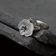 Buddha Stones 925 Sterling Silver White Crystal Skeleton Flower Adjustable Healing Ring