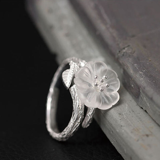 Buddha Stones 925 Sterling Silver White Crystal Skeleton Flower Adjustable Healing Ring