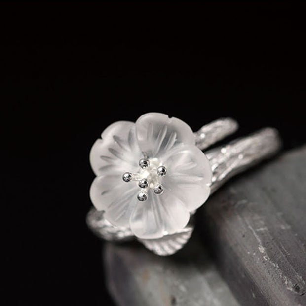 Buddha Stones 925 Sterling Silver White Crystal Skeleton Flower Adjustable Healing Ring