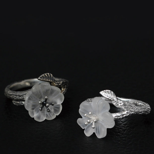 Buddha Stones 925 Sterling Silver White Crystal Skeleton Flower Adjustable Healing Ring