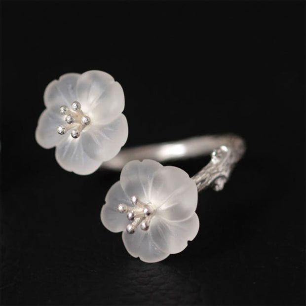 Buddha Stones 925 Sterling Silver White Crystal Double Plum Blossom Flower Adjustable Protection Ring