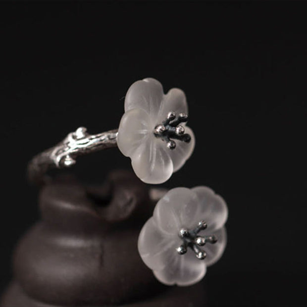 Buddha Stones 925 Sterling Silver White Crystal Double Plum Blossom Flower Adjustable Protection Ring