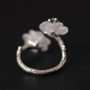 Buddha Stones 925 Sterling Silver White Crystal Double Plum Blossom Flower Adjustable Protection Ring