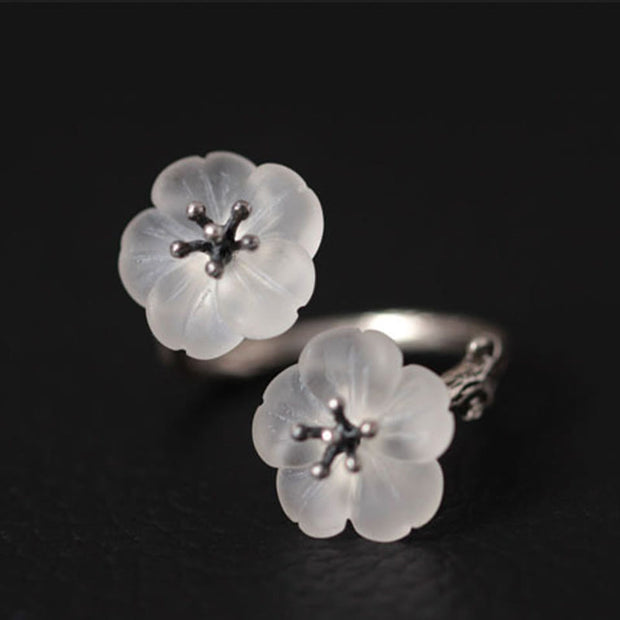 Buddha Stones 925 Sterling Silver White Crystal Double Plum Blossom Flower Adjustable Protection Ring