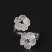 Buddha Stones 925 Sterling Silver White Crystal Double Plum Blossom Flower Adjustable Protection Ring