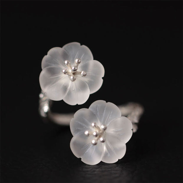 Buddha Stones 925 Sterling Silver White Crystal Double Plum Blossom Flower Adjustable Protection Ring