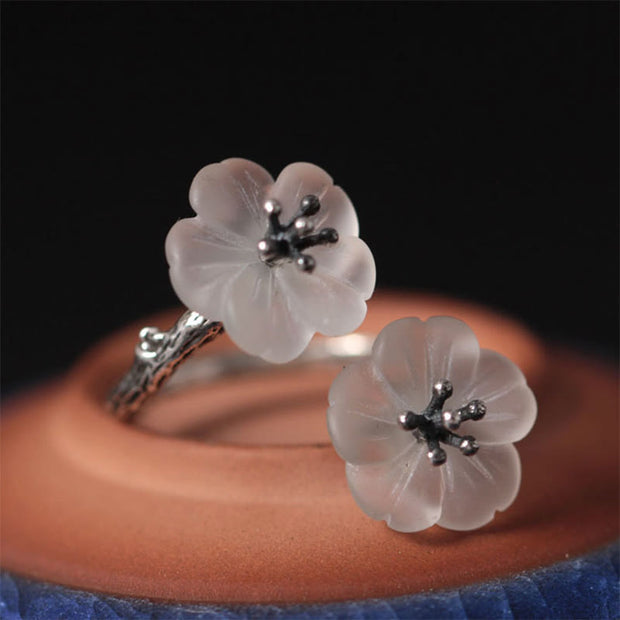 Buddha Stones 925 Sterling Silver White Crystal Double Plum Blossom Flower Adjustable Protection Ring