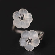 Buddha Stones 925 Sterling Silver White Crystal Double Plum Blossom Flower Adjustable Protection Ring