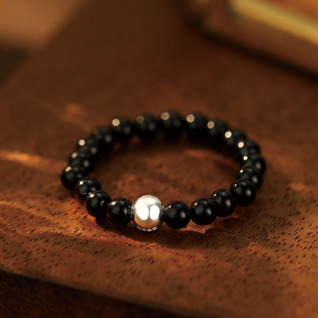 FREE Today: Fortune and Luck 925 Sterling Silver Crystal Beads White Jade Black Onyx Elastic Ring