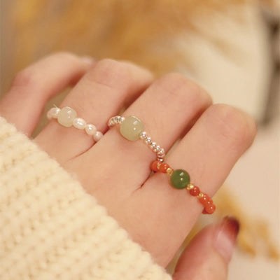 Buddha Stones 925 Sterling Silver Natural Small Hetian Jade Red Agate Pearl Bead Prosperity Elastic Ring