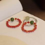 Buddha Stones 925 Sterling Silver Natural Small Hetian Jade Red Agate Pearl Bead Prosperity Elastic Ring