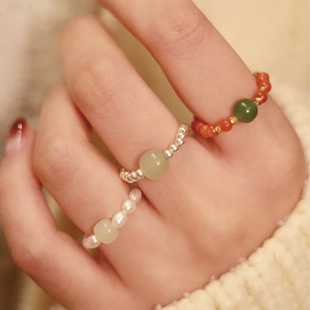 Buddha Stones 925 Sterling Silver Natural Small Hetian Jade Red Agate Pearl Bead Prosperity Elastic Ring