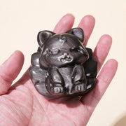 Buddha Stones Natural Silver Sheen Obsidian Nine-Tailed Fox Protection Home Decoration