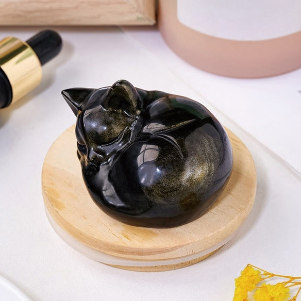 Buddha Stones Natural Gold Sheen Obsidian Sleeping Cat Statue Home Decoration