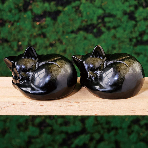 Buddha Stones Natural Gold Sheen Obsidian Sleeping Cat Statue Home Decoration