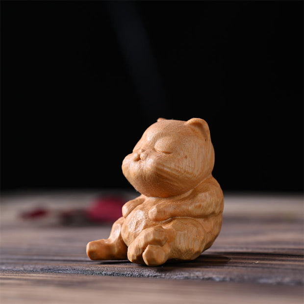 Buddha Stones Mini Cute Sitting Cat Sandalwood Protection Home Decoration