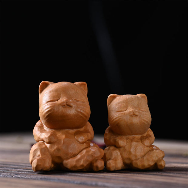 Buddha Stones Mini Cute Sitting Cat Sandalwood Protection Home Decoration