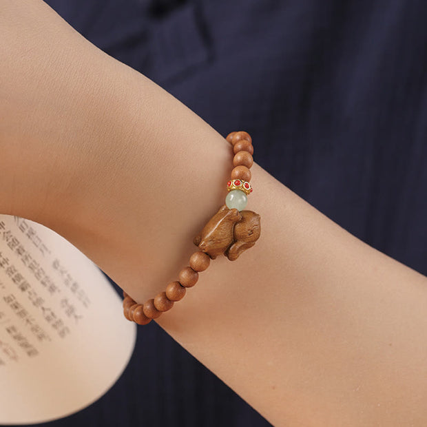 Buddha Stones Green Sandalwood Gold Sandalwood Cute Rabbit Positive Bracelet