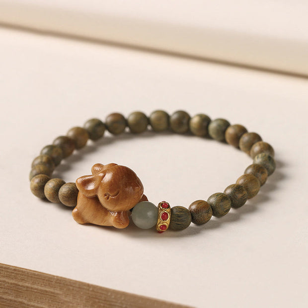 Buddha Stones Green Sandalwood Gold Sandalwood Cute Rabbit Positive Bracelet