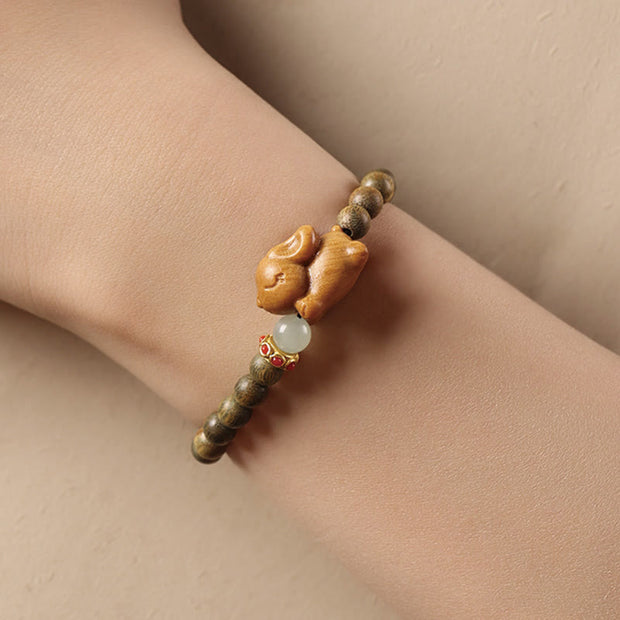 Buddha Stones Green Sandalwood Gold Sandalwood Cute Rabbit Positive Bracelet