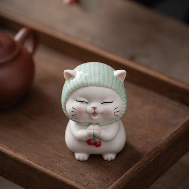 Buddha Stones Lucky Cute Cat In Scarf Ceramic Figurine Decoration