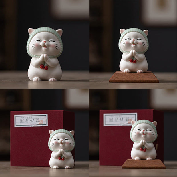 Buddha Stones Lucky Cute Cat In Scarf Ceramic Figurine Decoration