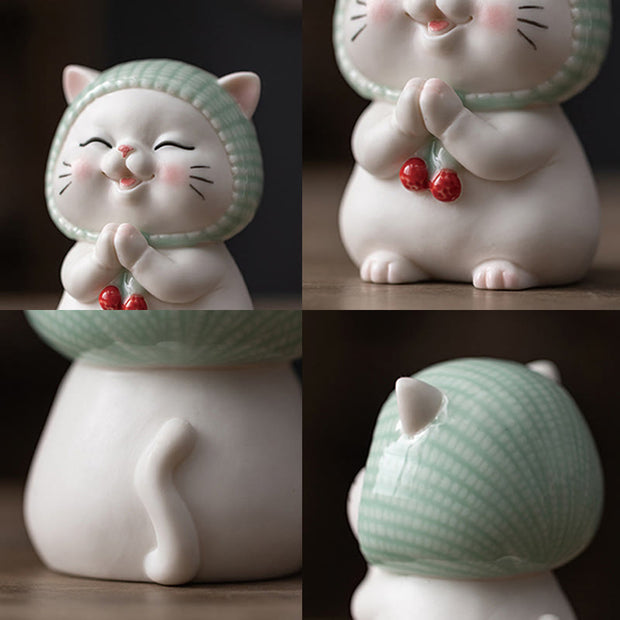 Buddha Stones Lucky Cute Cat In Scarf Ceramic Figurine Decoration