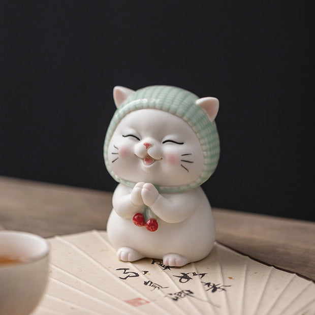 Buddha Stones Lucky Cute Cat In Scarf Ceramic Figurine Decoration