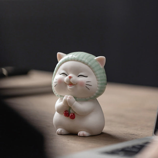 Buddha Stones Lucky Cute Cat In Scarf Ceramic Figurine Decoration