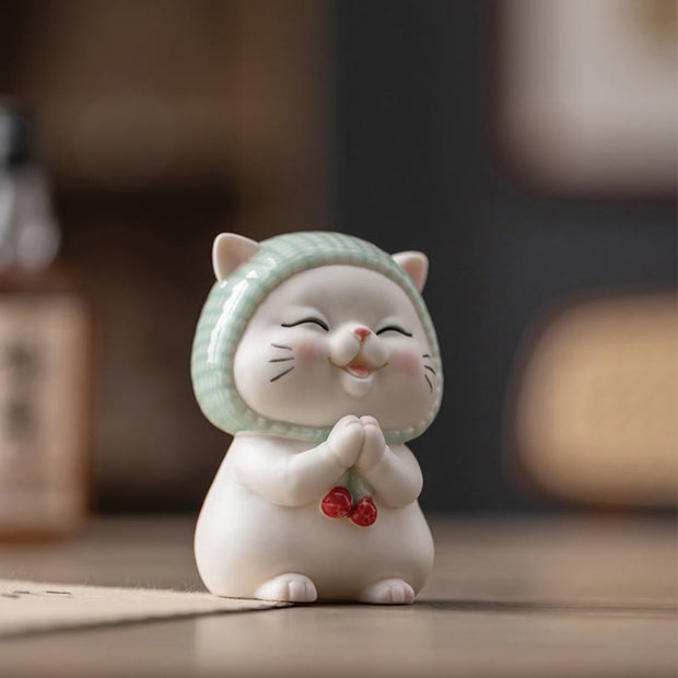 Buddha Stones Lucky Cute Cat In Scarf Ceramic Figurine Decoration