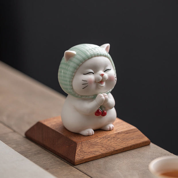 Buddha Stones Lucky Cute Cat In Scarf Ceramic Figurine Decoration