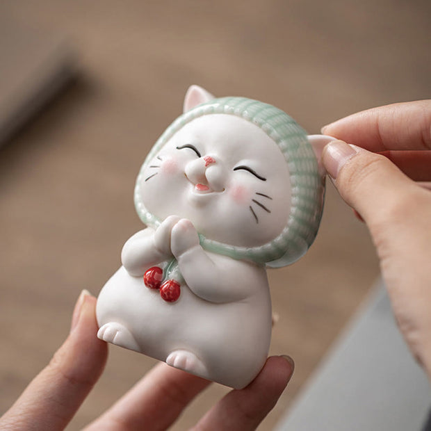 Buddha Stones Lucky Cute Cat In Scarf Ceramic Figurine Decoration