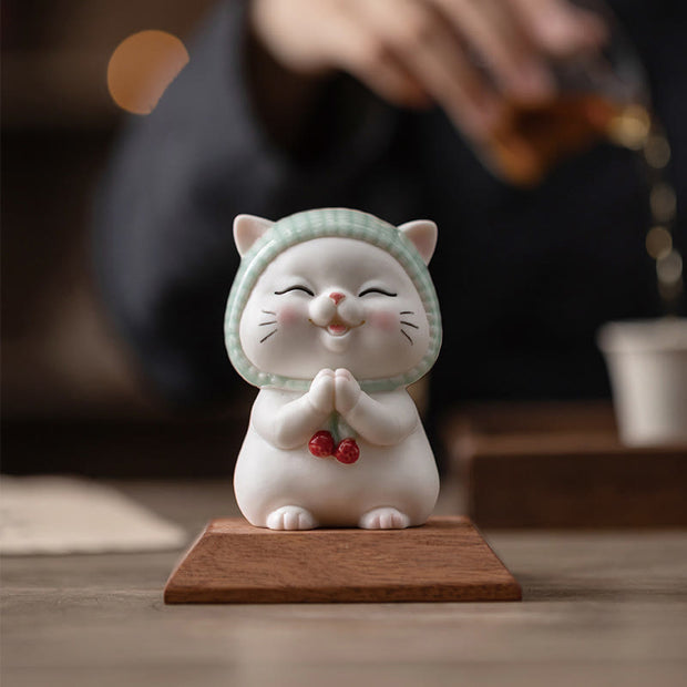 Buddha Stones Lucky Cute Cat In Scarf Ceramic Figurine Decoration