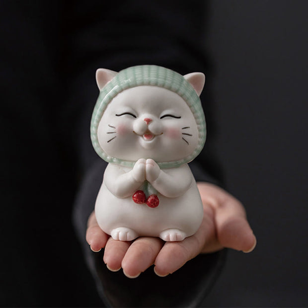 Buddha Stones Lucky Cute Cat In Scarf Ceramic Figurine Decoration