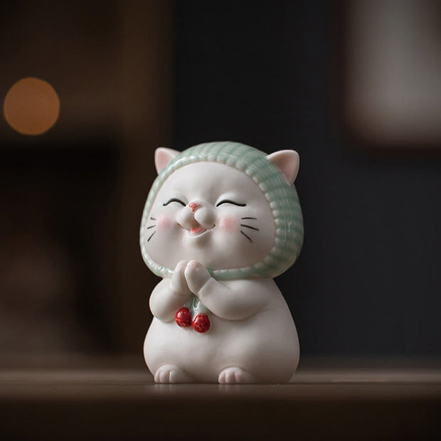 Buddha Stones Lucky Cute Cat In Scarf Ceramic Figurine Decoration