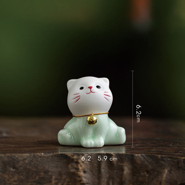 Buddha Stones Mini Lucky Cute Cat Light Green White Ceramic Figurine Decoration