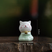 Buddha Stones Mini Lucky Cute Cat Light Green White Ceramic Figurine Decoration