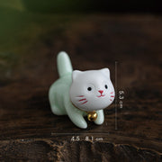 Buddha Stones Mini Lucky Cute Cat Light Green White Ceramic Figurine Decoration