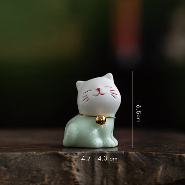 Buddha Stones Mini Lucky Cute Cat Light Green White Ceramic Figurine Decoration