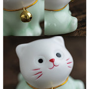 Buddha Stones Mini Lucky Cute Cat Light Green White Ceramic Figurine Decoration