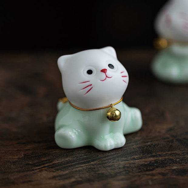 Buddha Stones Mini Lucky Cute Cat Light Green White Ceramic Figurine Decoration