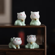 Buddha Stones Mini Lucky Cute Cat Light Green White Ceramic Figurine Decoration