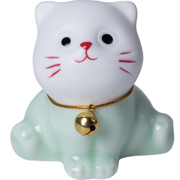 Buddha Stones Mini Lucky Cute Cat Light Green White Ceramic Figurine Decoration