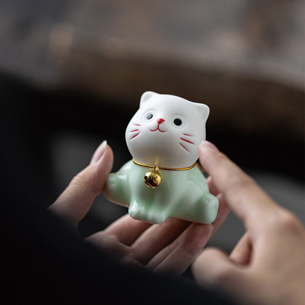 Buddha Stones Mini Lucky Cute Cat Light Green White Ceramic Figurine Decoration