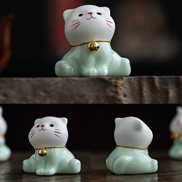 Buddha Stones Mini Lucky Cute Cat Light Green White Ceramic Figurine Decoration